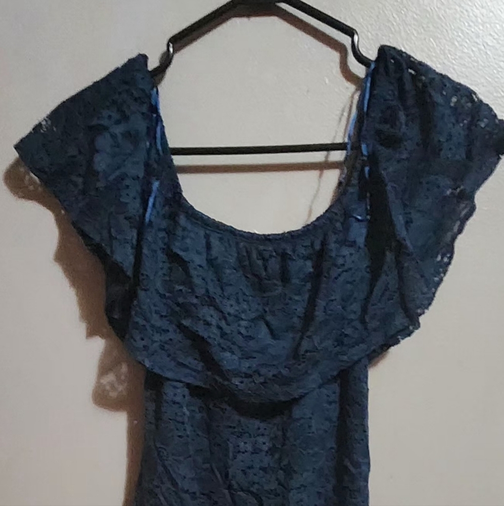 Blue Mini Dress with Ruffled Off-Shoulder Design - Picture 2 of 6